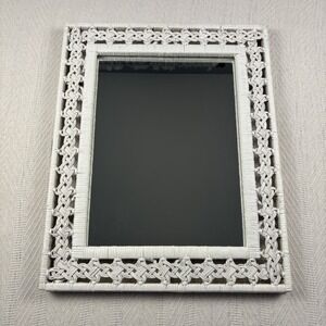 Vintage Rectangular White Wicker Mirror 1970's Cottage Core 21 x 17 Wall Mount